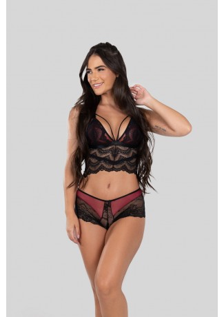 Conjunto Lingerie Emileny Preto Rosa Ref P C Kaisan