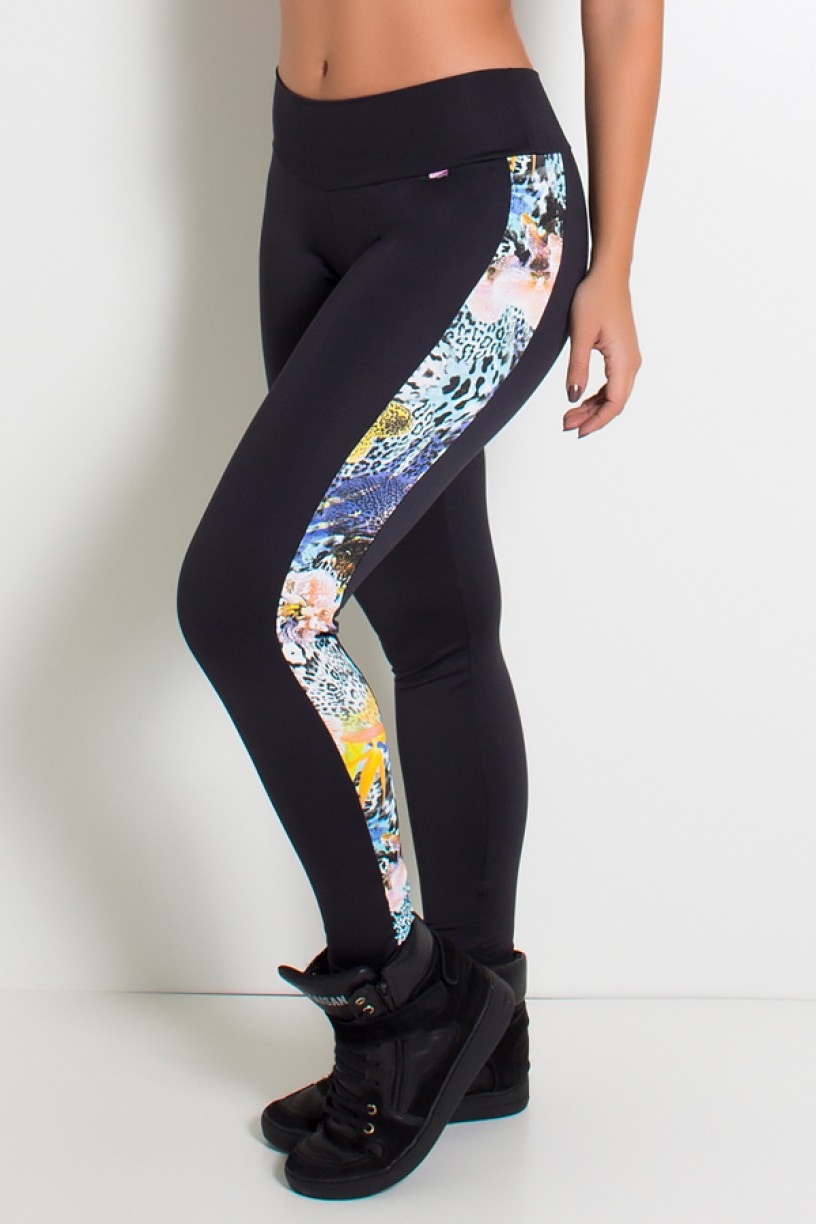 Calça Legging Lisa com Listra Estampada (Preto / Floral com Oncinha) | Ref: KS-F82-001