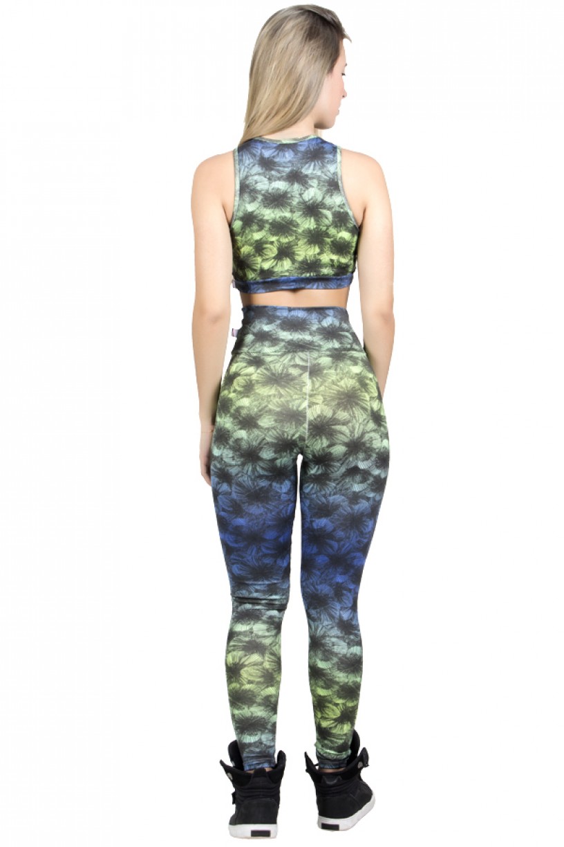 Conjunto Cropped e Legging Estampada (Verde e Azul com Listras Pretas) | Ref: F817