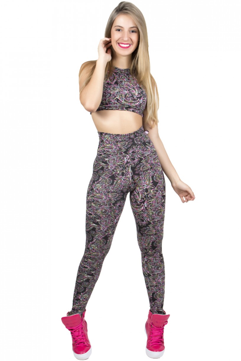 Conjunto Cropped e Legging Estampada (Preto com Tribal Colorido) | Ref: F818