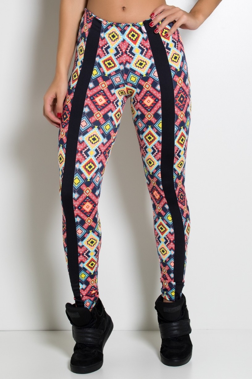 F1089-001_Legging_Estampada_Cos_Baixo_com_Faixa_Mosaico_Vermelho_Azul_e_Salmao__Preto__Ref:_F1089-001