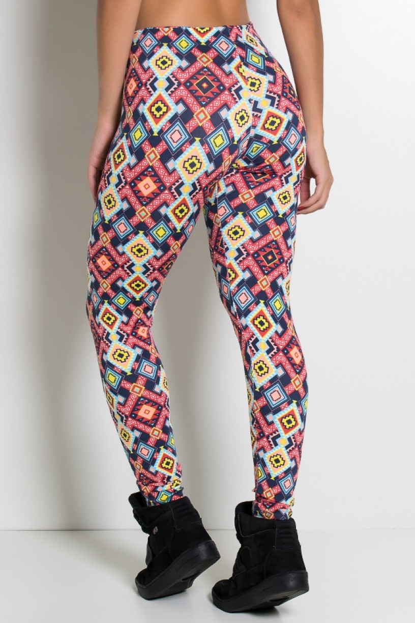 F1089-001_Legging_Estampada_Cos_Baixo_com_Faixa_Mosaico_Vermelho_Azul_e_Salmao__Preto__Ref:_F1089-001