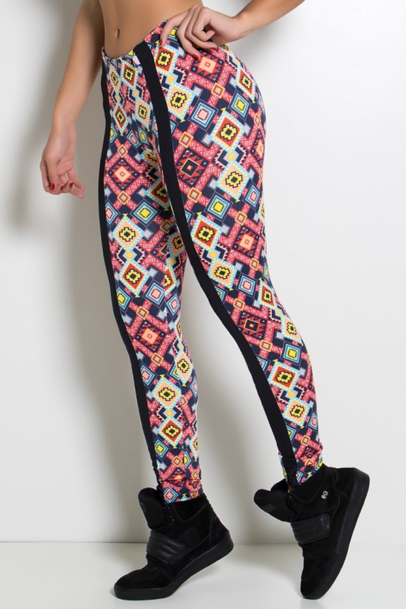 F1089-001_Legging_Estampada_Cos_Baixo_com_Faixa_Mosaico_Vermelho_Azul_e_Salmao__Preto__Ref:_F1089-001