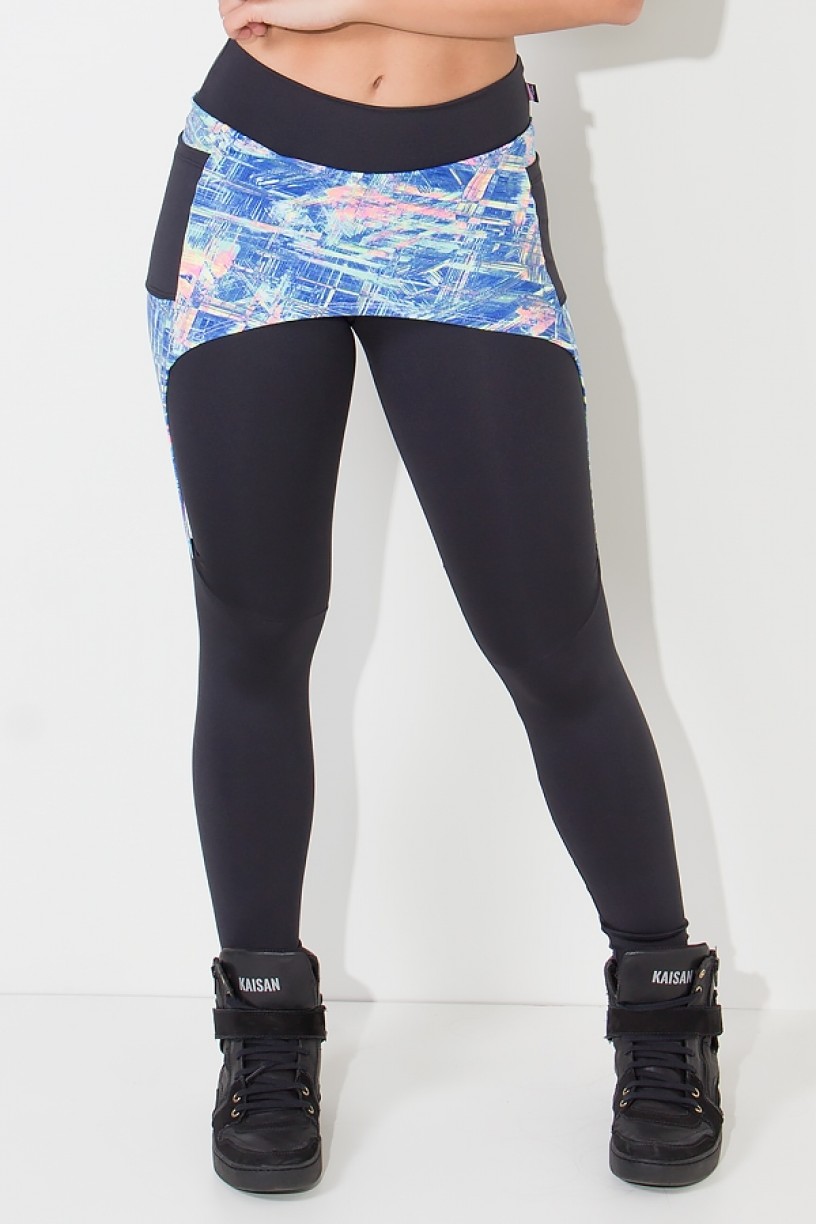 F674-001_Legging_Lisa_com_Tapa_Bumbum_Estampado_e_Bolso_Preto__Rabiscos_Fluorescentes_com_Azul__Ref:F674-001