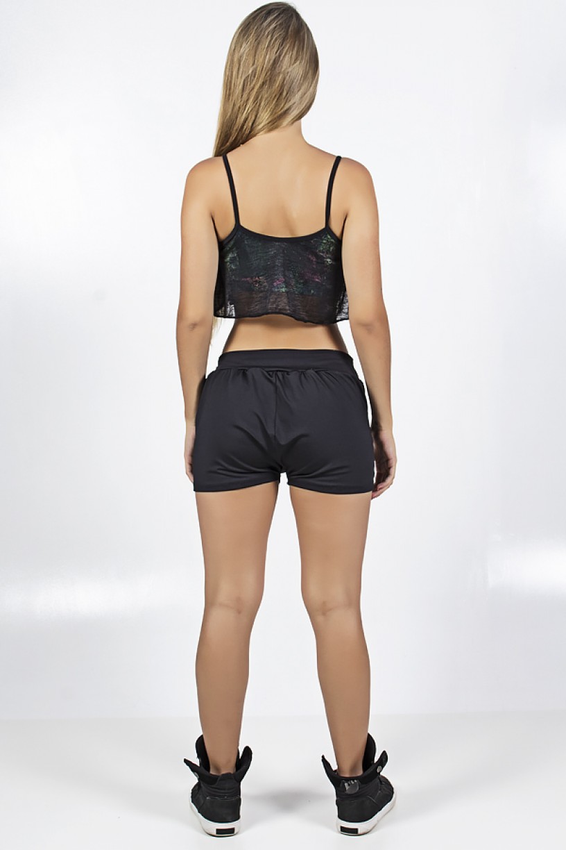 Conjunto Top Estampado Coberto com Tecido Transparente e Short Liso com Bolso | Ref: F1064