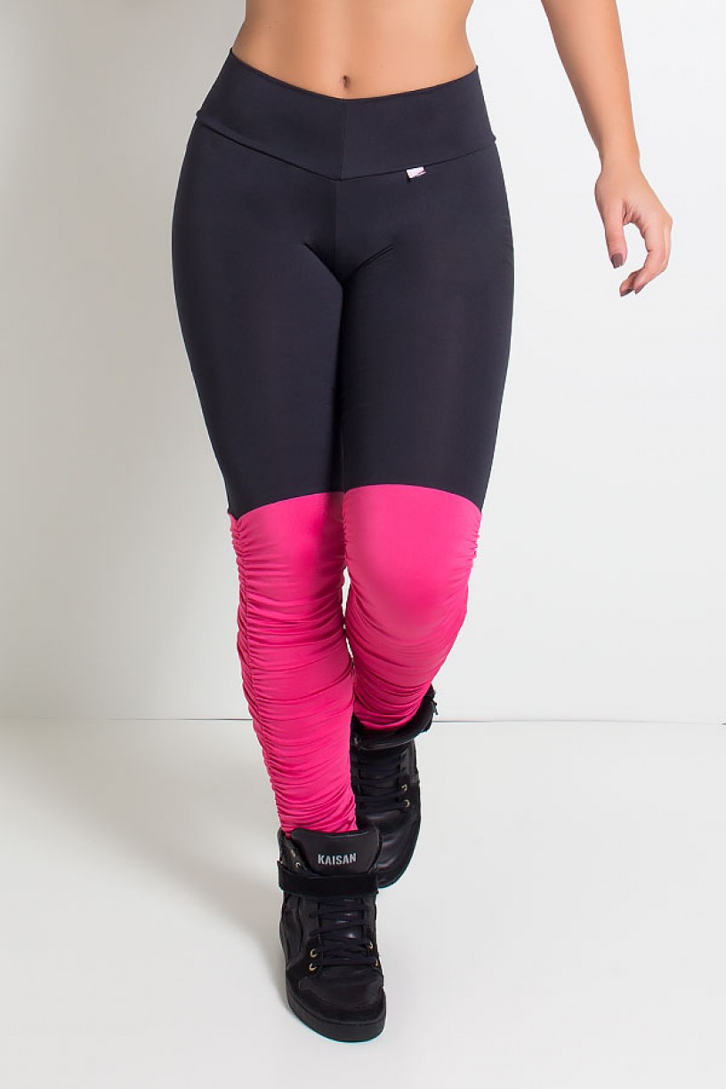 Calça Legging Duas Cores com Perna Franzida (Preto / Rosa Pink) | Ref: KS-F1792-002