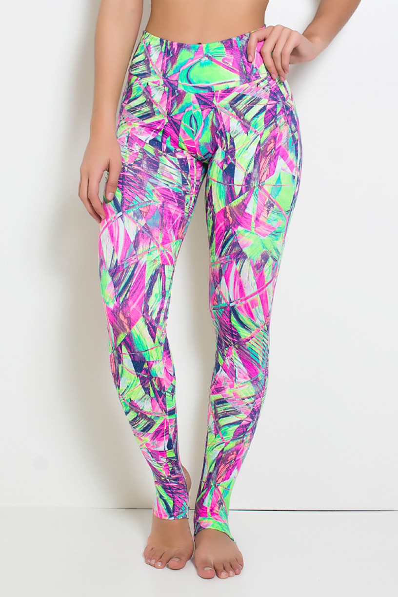 Calça Legging Estampada com Pezinho (Folhagem Rosa Fluor e Verde Limão) | Ref: KS-F192-004