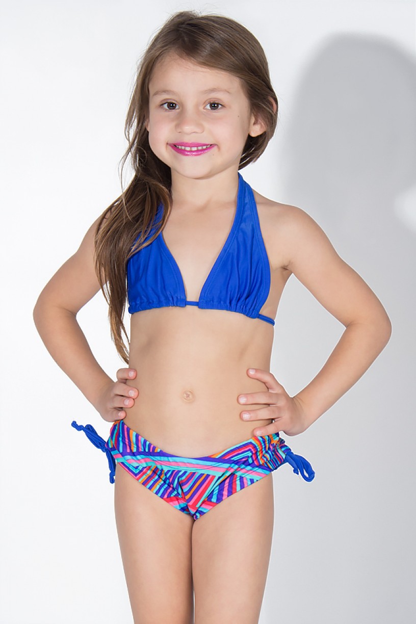 Biquini Cortinão com Calcinha Estampada Infantil (Azul Royal / Listrado Colorido) | Ref: DVBQ23-004