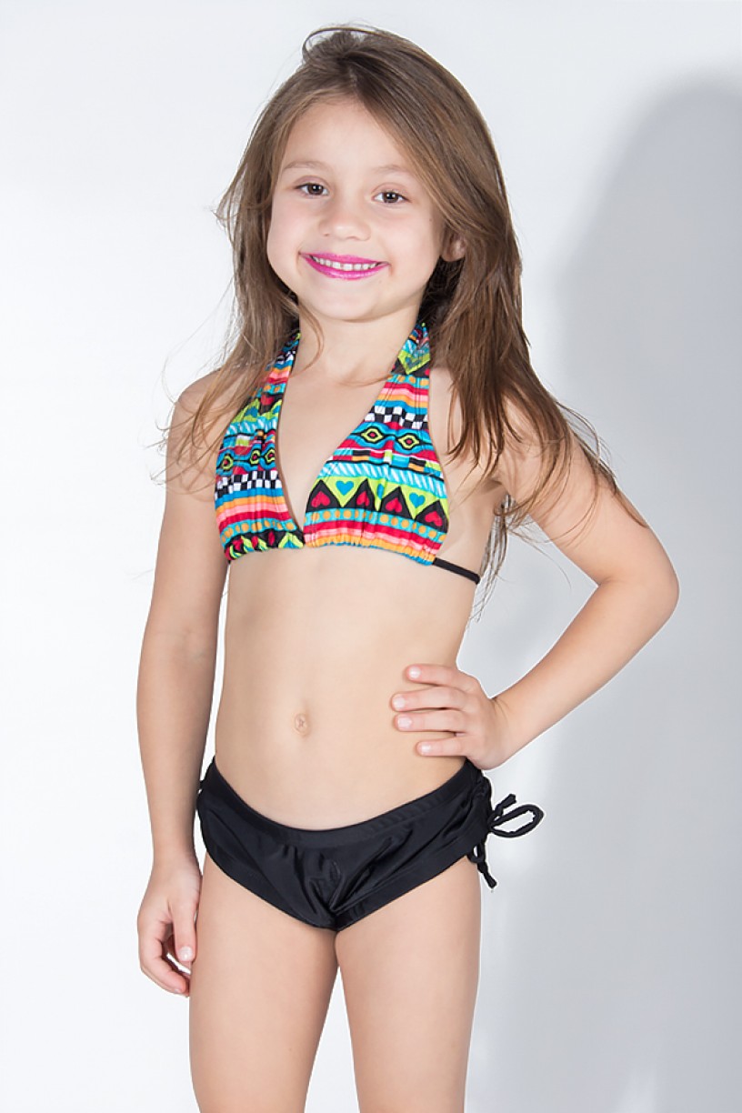 Biquini Cortinão com Calcinha Lisa Infantil (Abstrato e Corações / Preto) | Ref: DVBQ24-001