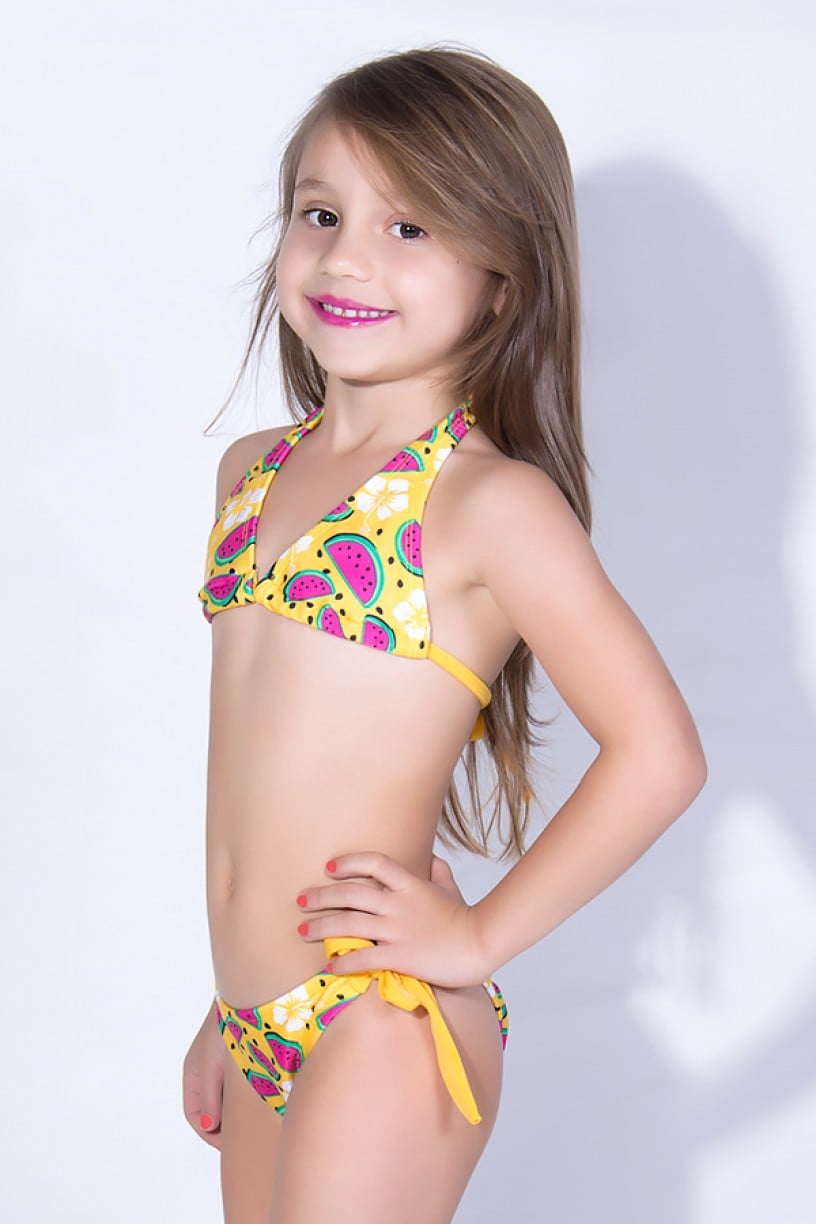 Biquini de Amarrar Estampado Infantil (Amarelo com Melancia) | Ref: DVBQ25-001