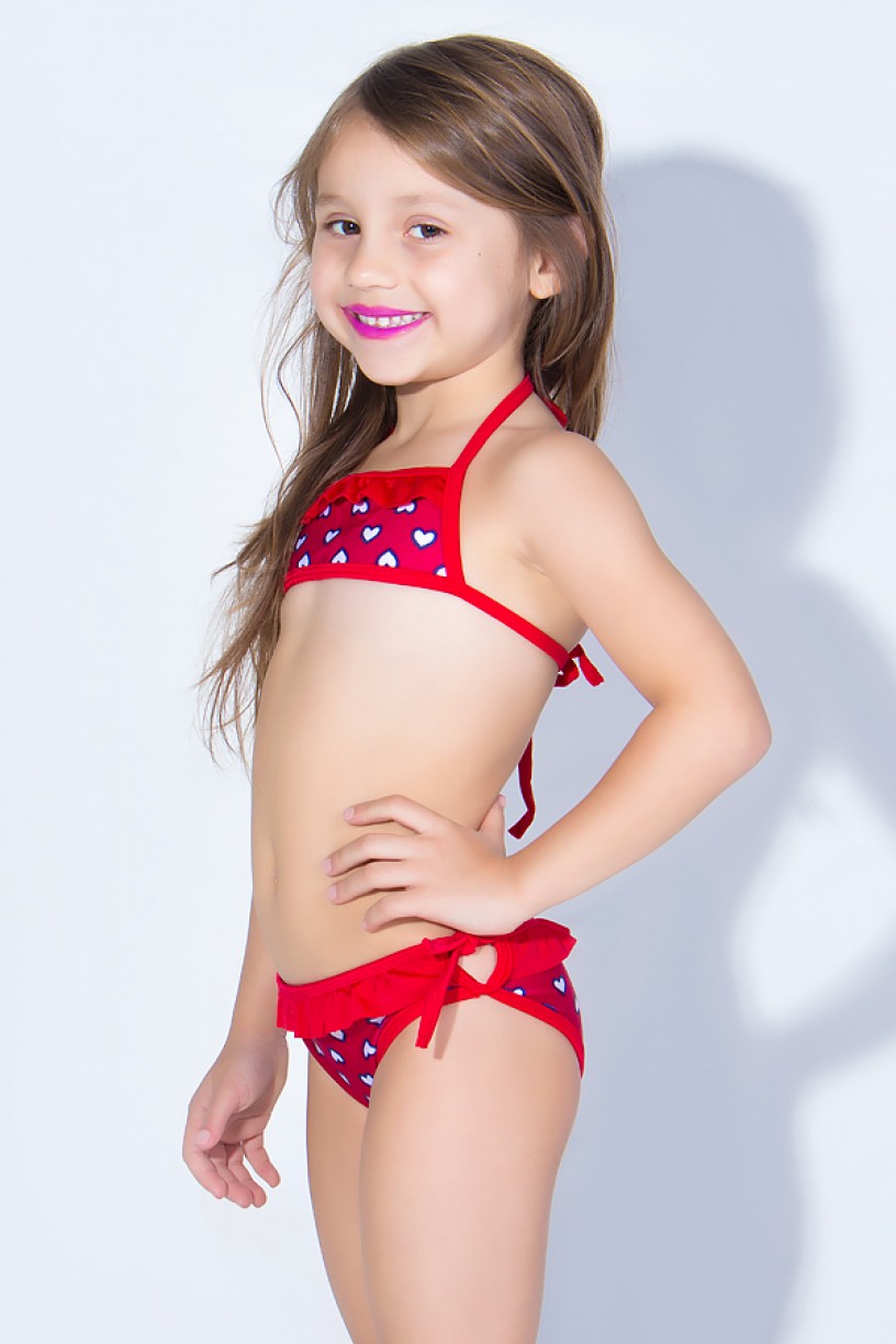 Biquini Estampado com Babado Infantil (Vermelho com Corações Brancos / Vermelho) | Ref: DVBQ26-002