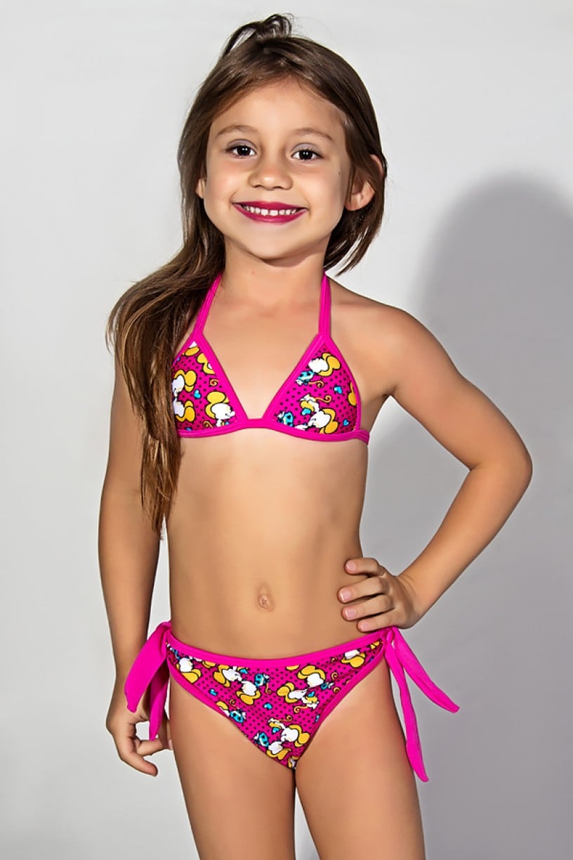 Biquini Infantil Estampado com Bojo (Rosa com Ratinhos Amarelos) | Ref: DVBQ29-003