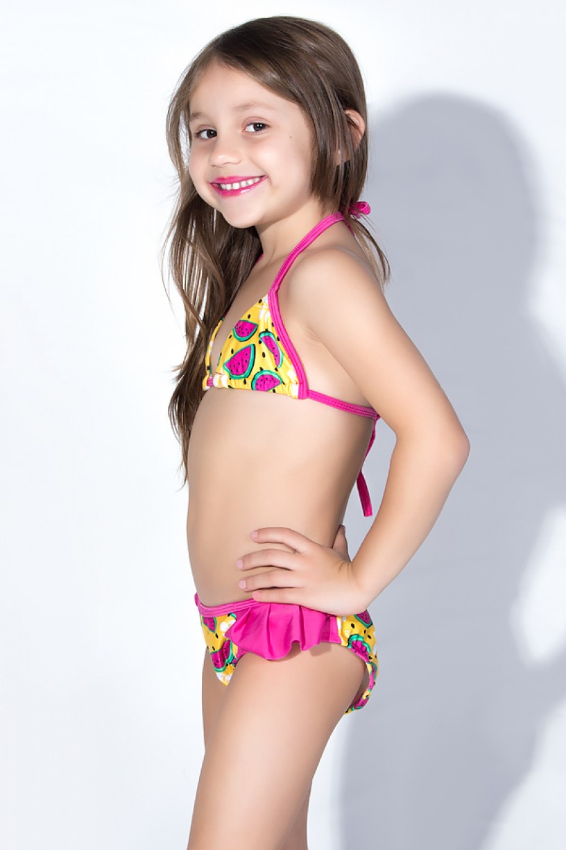 Biquini Infantil Estampado com Babado Liso (Amarelo com Melancia / Rosa Pink) | Ref: DVBQ31-002