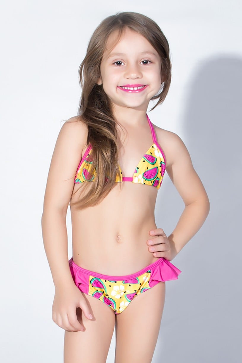 Biquini Infantil Estampado com Babado Liso (Amarelo com Melancia / Rosa Pink) | Ref: DVBQ31-002