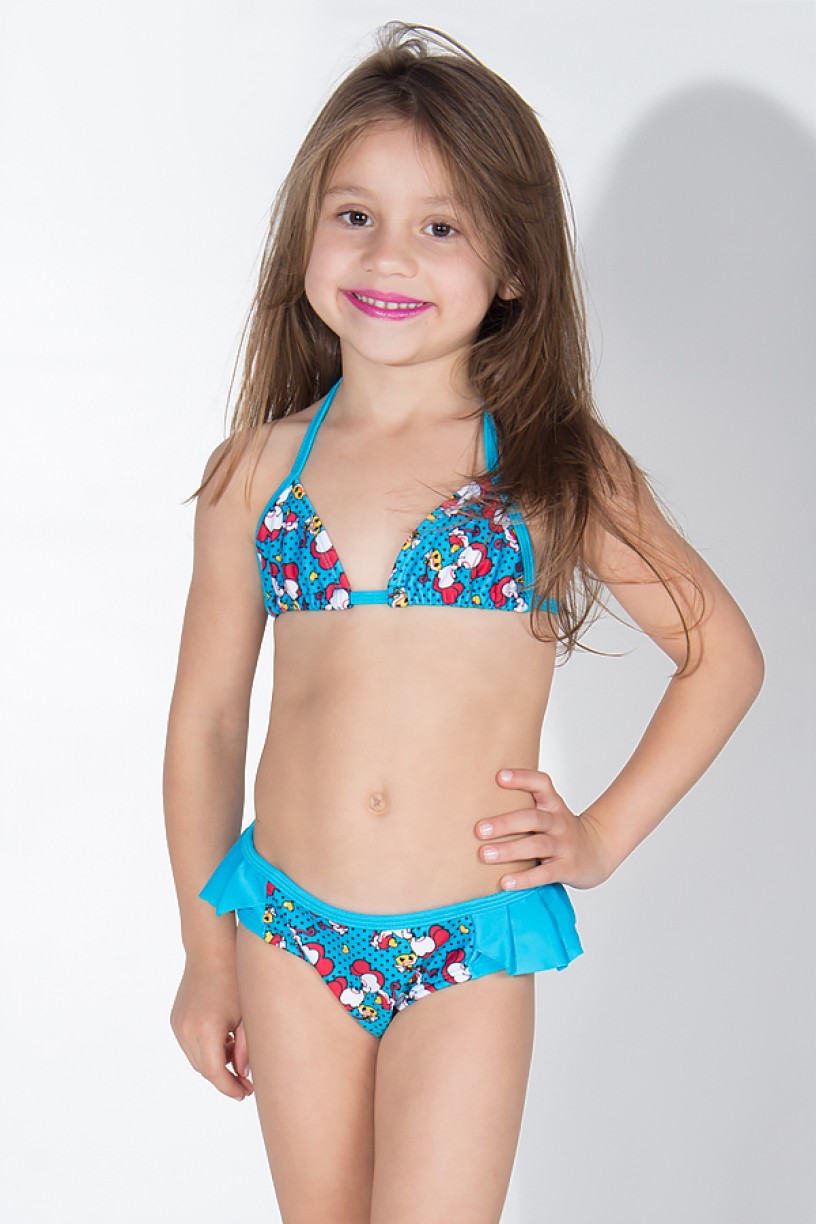 Biquini Infantil Estampado com Babado Liso (Azul com Ratinhos Vermelhos / Azul Celeste) | Ref: DVBQ31-003