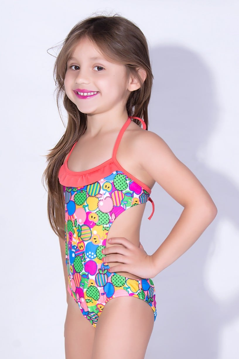 Maiô Infantil de Amarrar Estampado com Babado (Frutas Verde Amarelo e Salmão / Laranja) | Ref: DVBQ-32-001