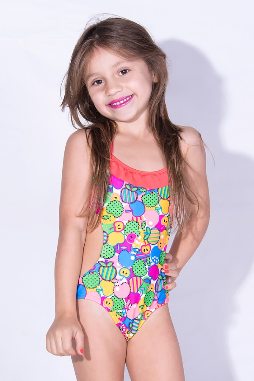 Maiô Infantil de Amarrar Estampado com Babado (Frutas Verde Amarelo e Salmão / Laranja) | Ref: DVBQ-32-001