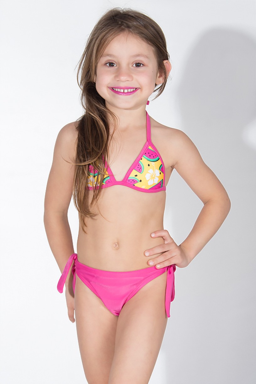Biquini Infantil com Bojo Calcinha Lisa (Amarelo com Melancia / Rosa Pink) | Ref: DVBQ37-001