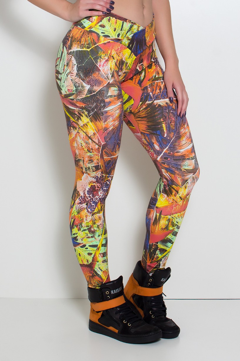 Legging Rafaela Estampada com Cós Transpassado (Folhagem Salmão Amarelo e Azul) | Ref: KS-F466-004