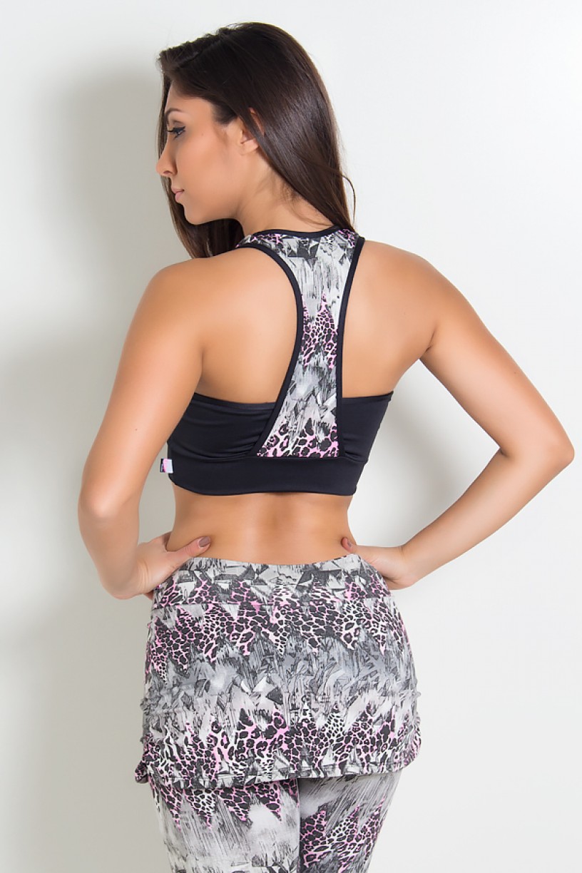 Top Suplex Liso com Detalhe Estampado (Preto / Cinza com Oncinha Rosa) | Ref: KS-F67-001