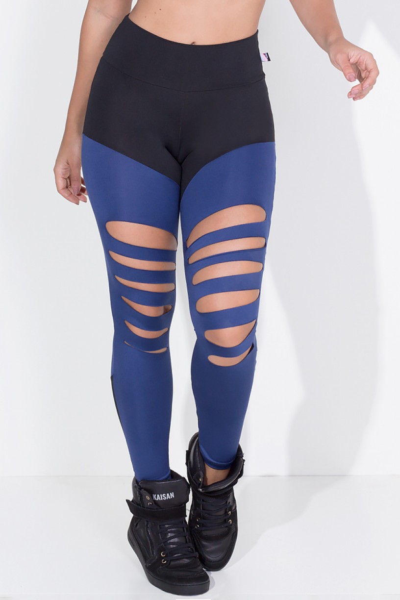 Calça Duas Cores Rasgada (Preto / Azul Marinho) | Ref: KS-F773-001