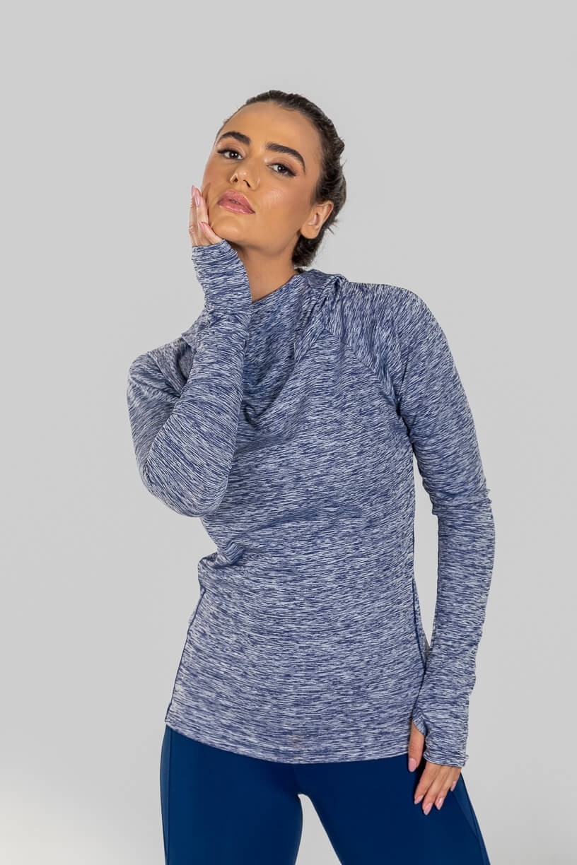 Blusa de Manga Longa com Capuz Mesclado (Cinza / Azul Marinho) | Ref: K3097-B