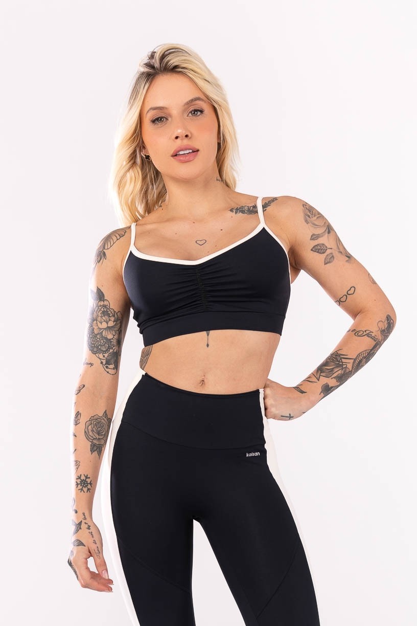 Top com Alças e Franzido (Preto / Off White) | Ref: K4067-A