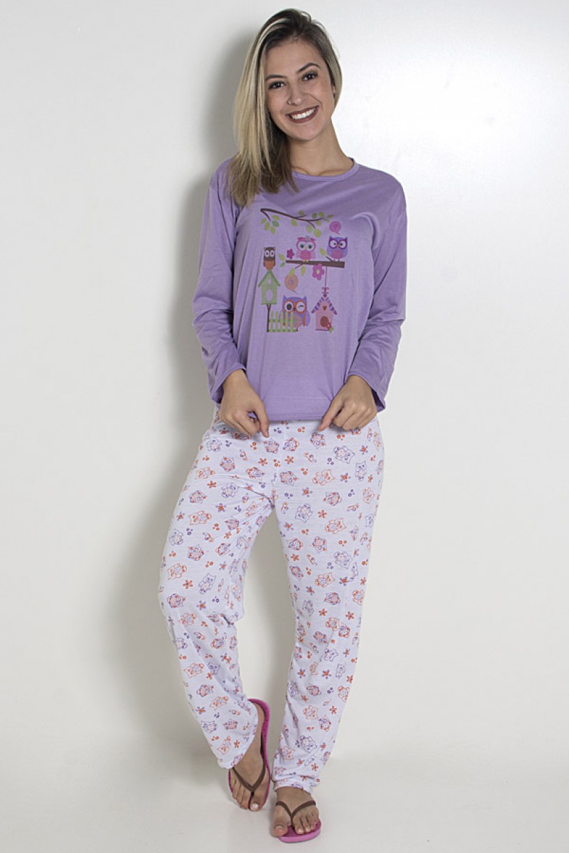 Pijama feminino longo 248 (Lilás com corujinhas)