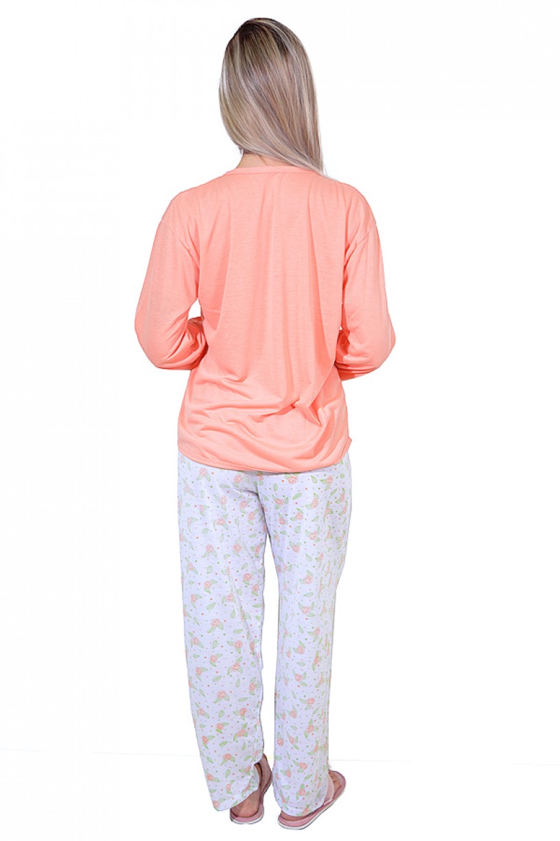 Pijama feminino longo 248 (Salmão com passarinho) 