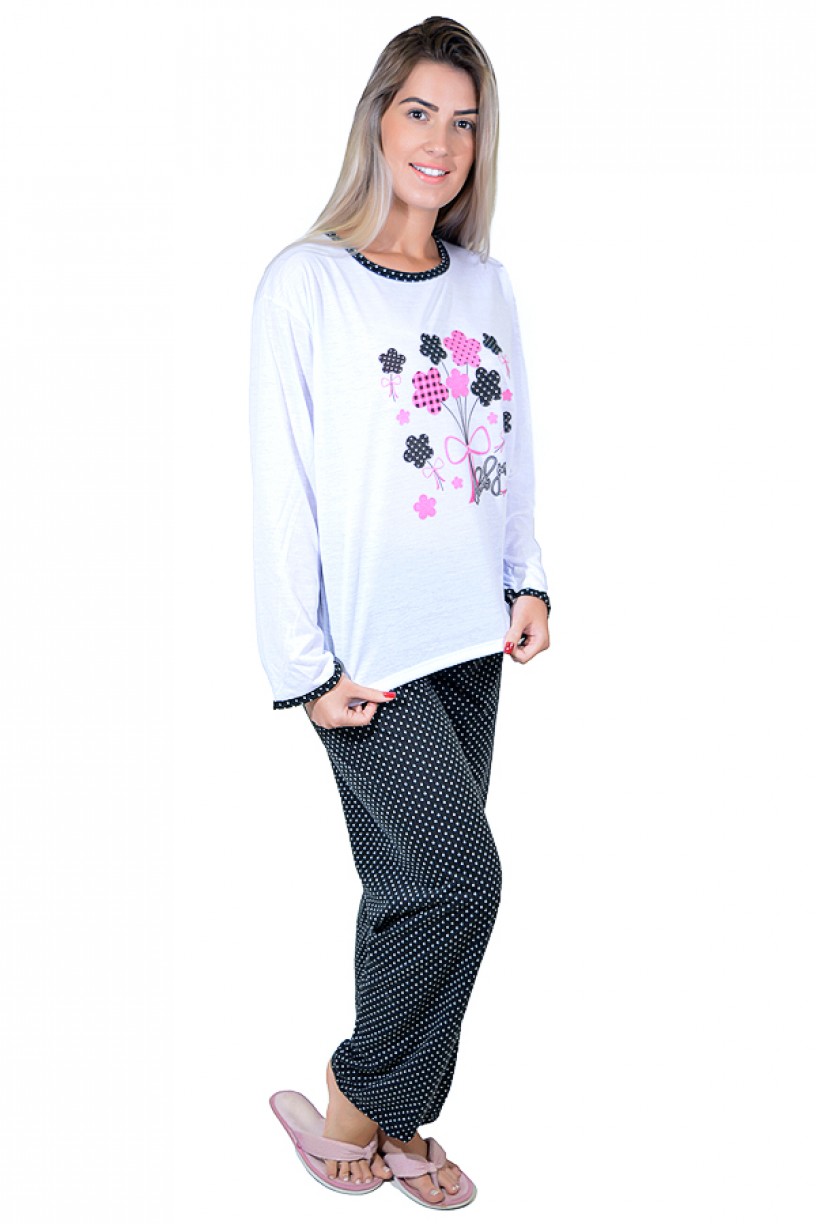 Pijama feminino longo 246 (Preto com flores)