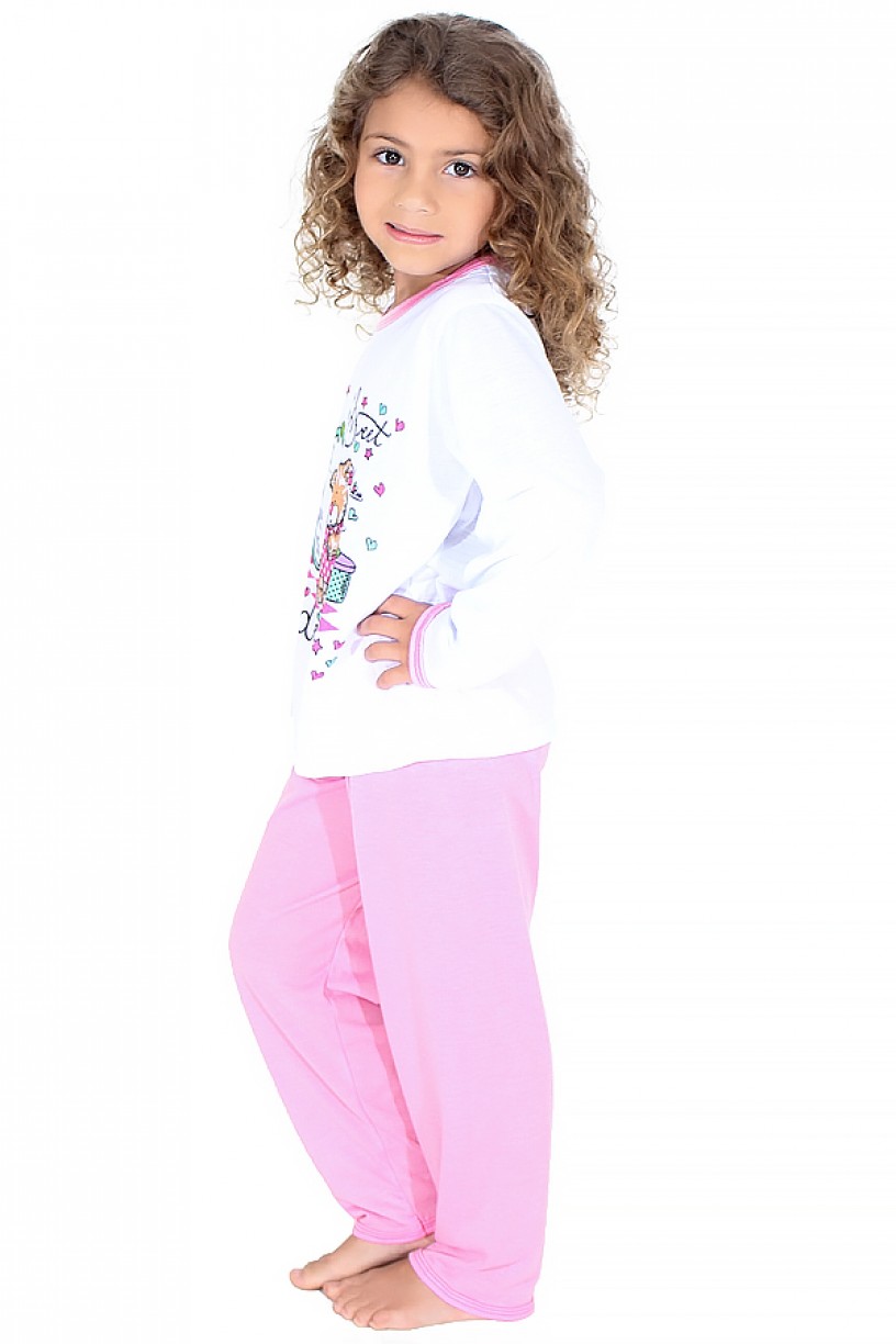 Pijama longo infantil 076 (Rosa com ursinho)