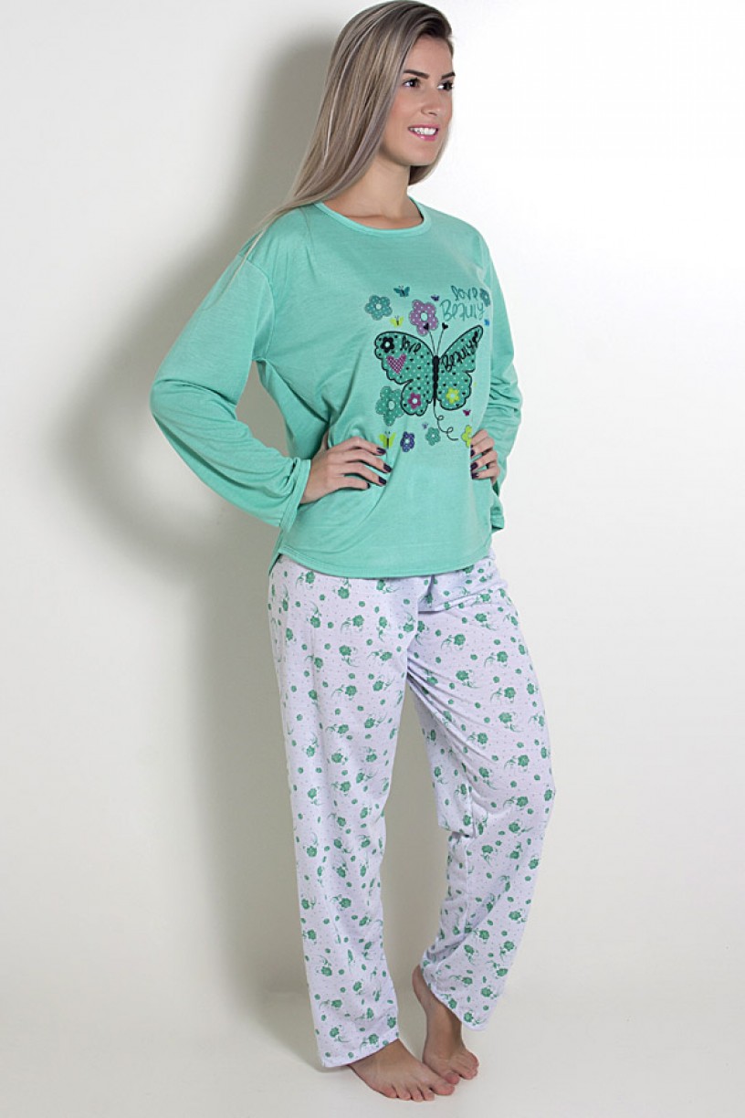 Pijama feminino longo 248 (Verde com borboleta) 