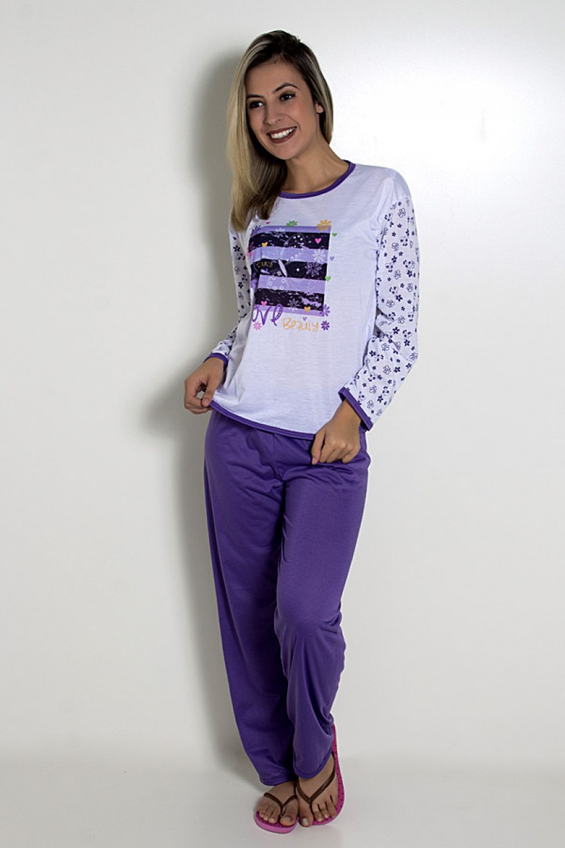Pijama Feminino Longo 081 (Roxo com borboleta)