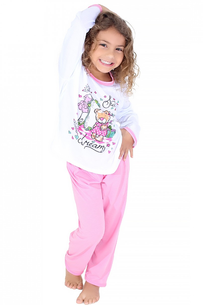 Pijama longo infantil 076 (Rosa com ursinho)