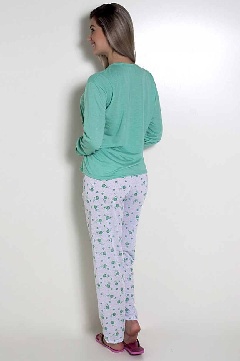 Pijama feminino longo 248 (Verde com borboleta) 