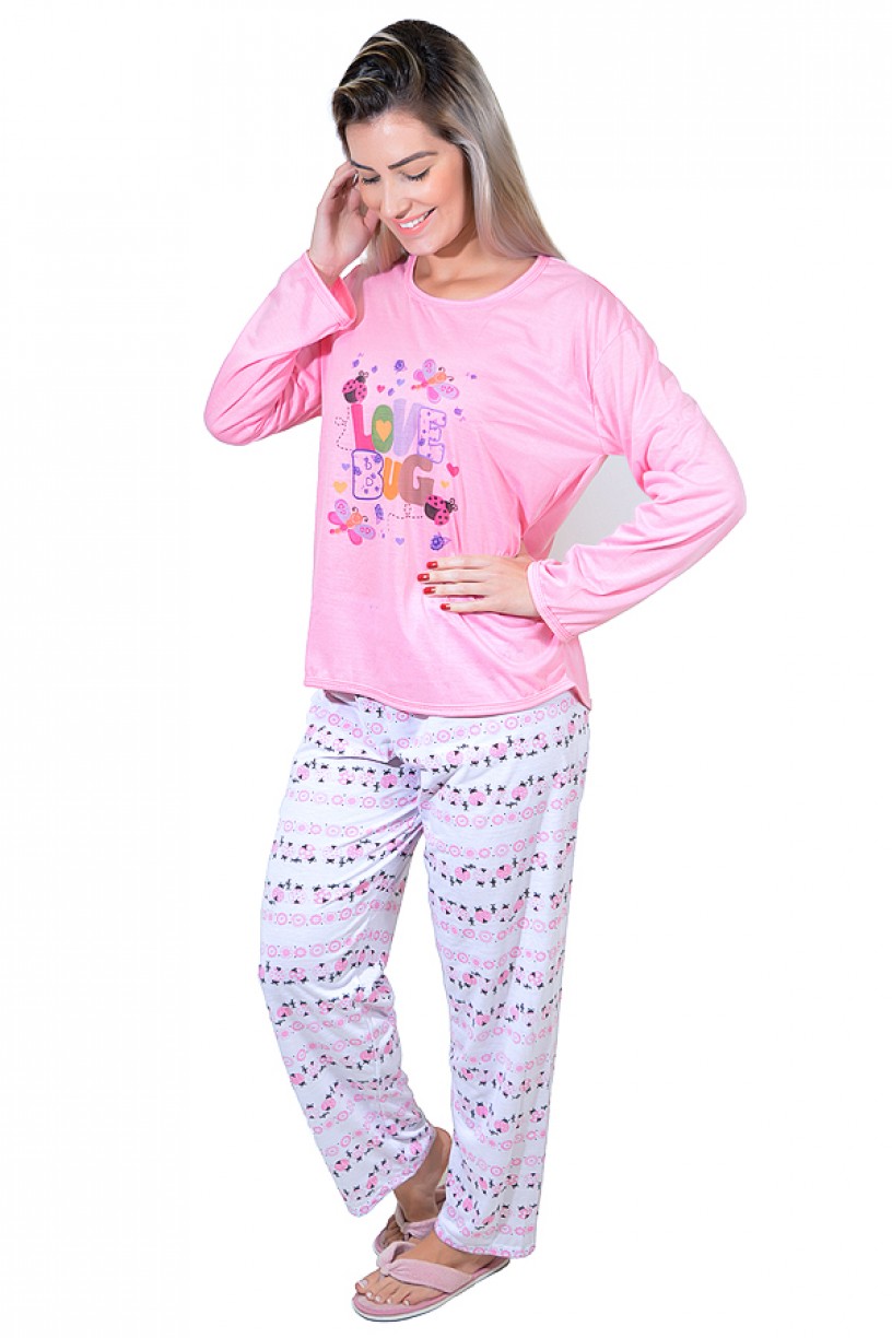 Pijama feminino longo 248 (Rosa com letras) 