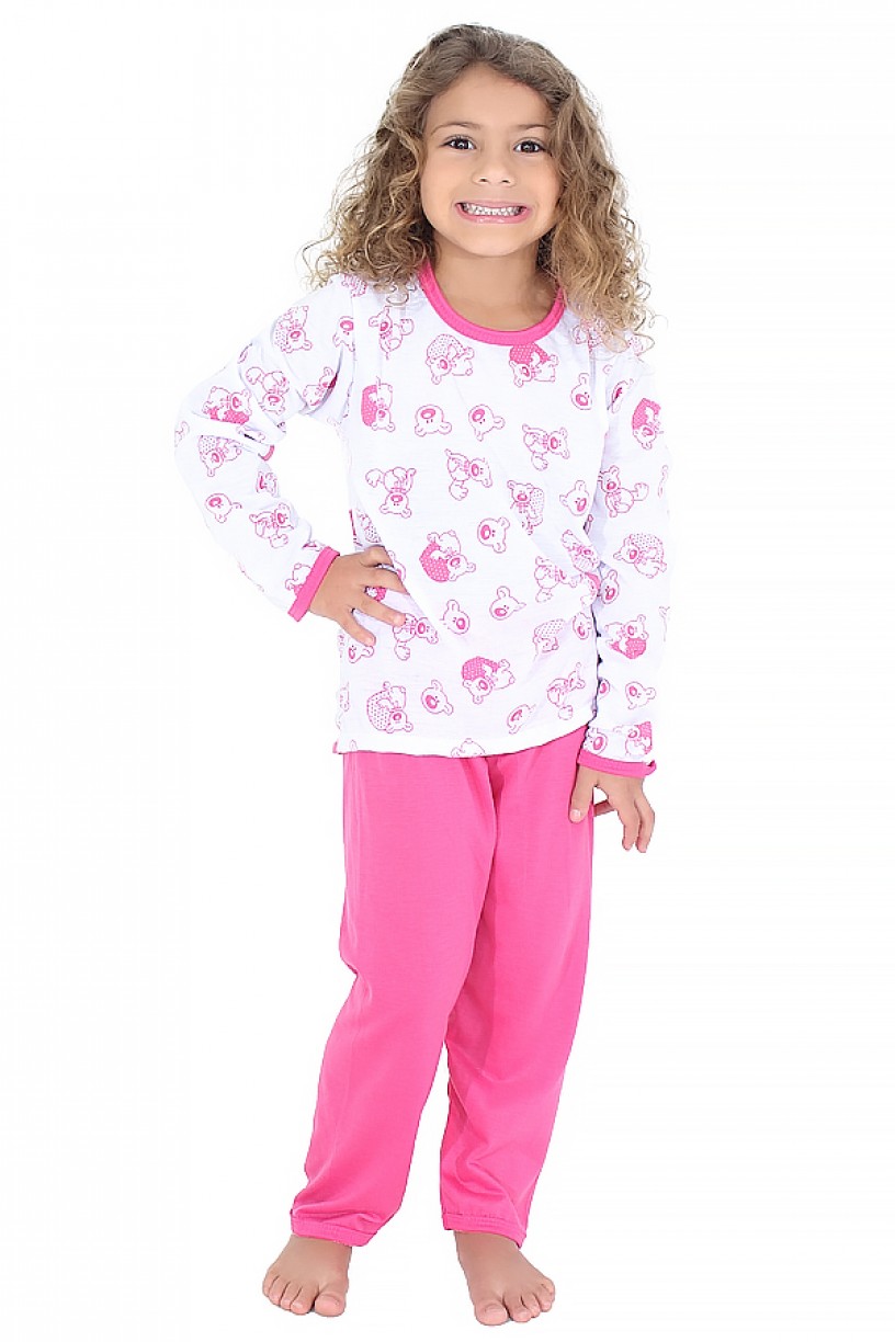 Pijama longo infantil 077 (Pink com ursinho)