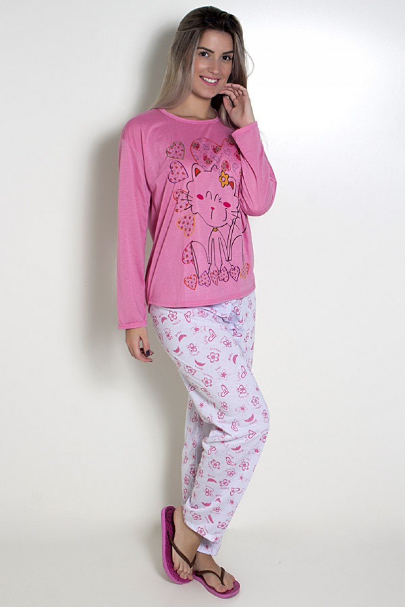 Pijama feminino longo 248 (Rosa com gatinho)