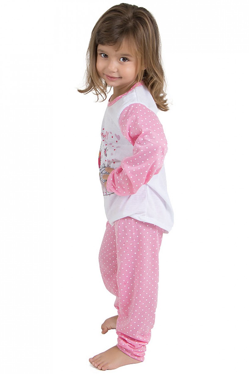 Pijama longo de Malha Infantil 108 (Rosa com poá branco) | Ref: CEZ-PA108-003