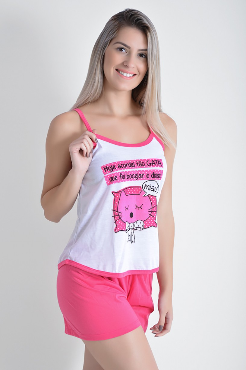 Babydoll Feminino 023 (Pink com gatinho) 