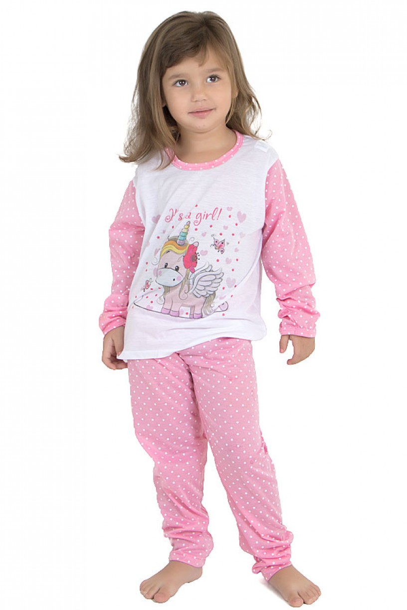 Pijama longo de Malha Infantil 108 (Rosa com poá branco) | Ref: CEZ-PA108-003