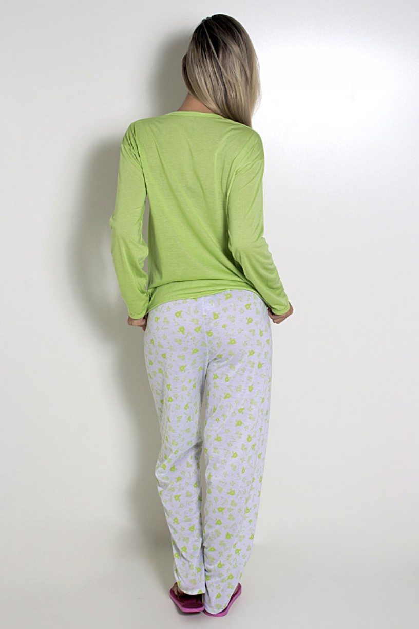 Pijama feminino longo 248 (Verde claro com corujas)