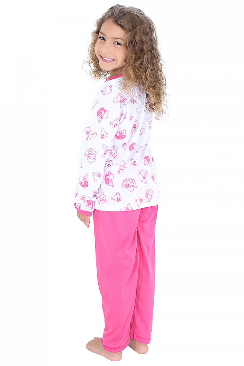 Pijama longo infantil 077 (Pink com ursinho)