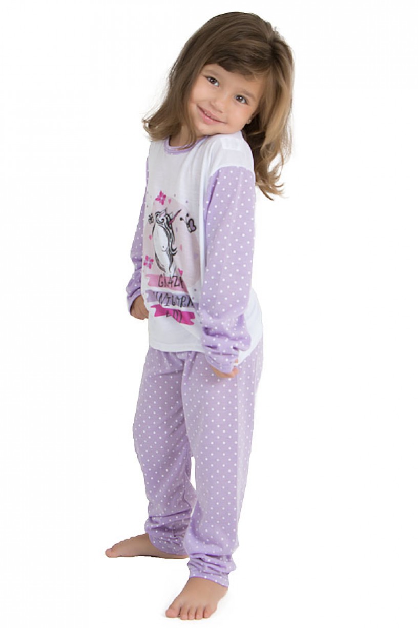 Pijama longo de Malha Infantil 108 (Lilás com poá branco) | Ref: CEZ-PA108-004
