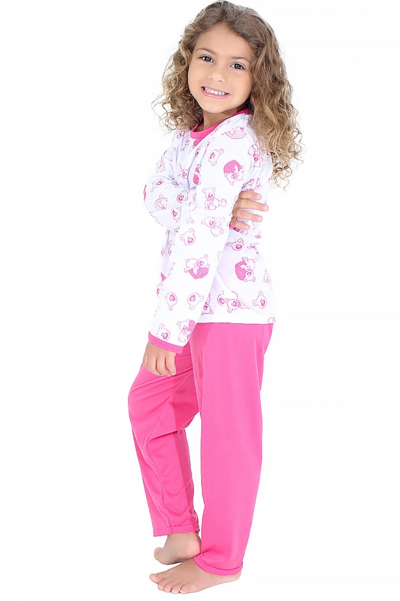 Pijama longo infantil 077 (Pink com ursinho)