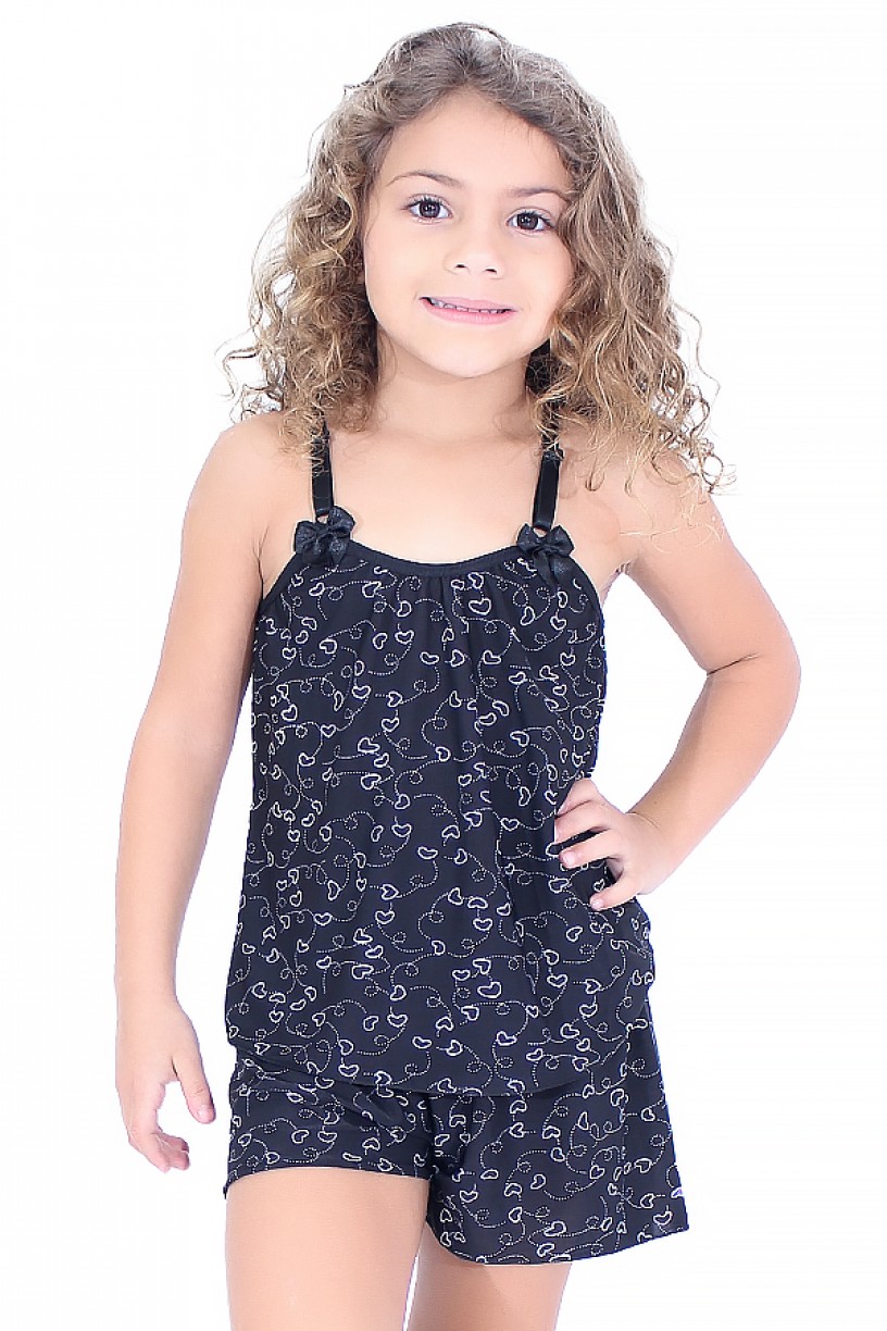 Babydoll de Liganete Infantil 020 (Preto com corações)