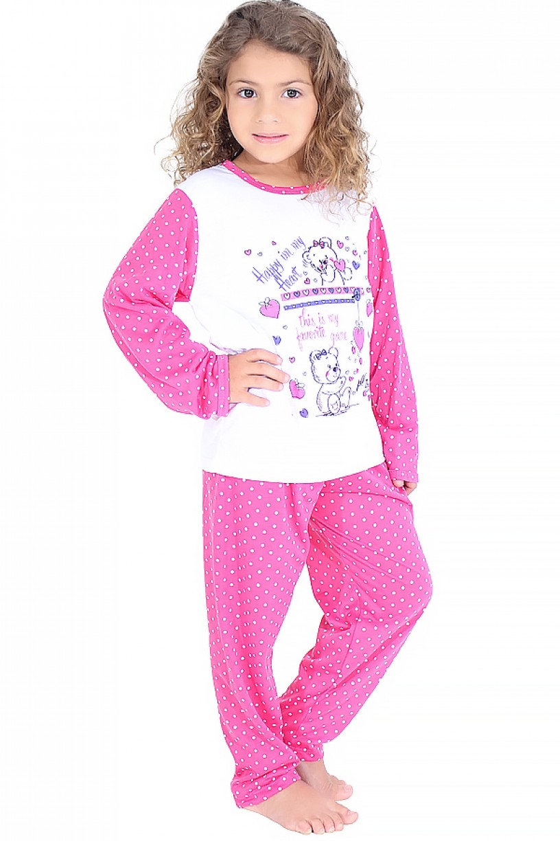 Pijama longo infantil 108 (Pink com poá branco) 