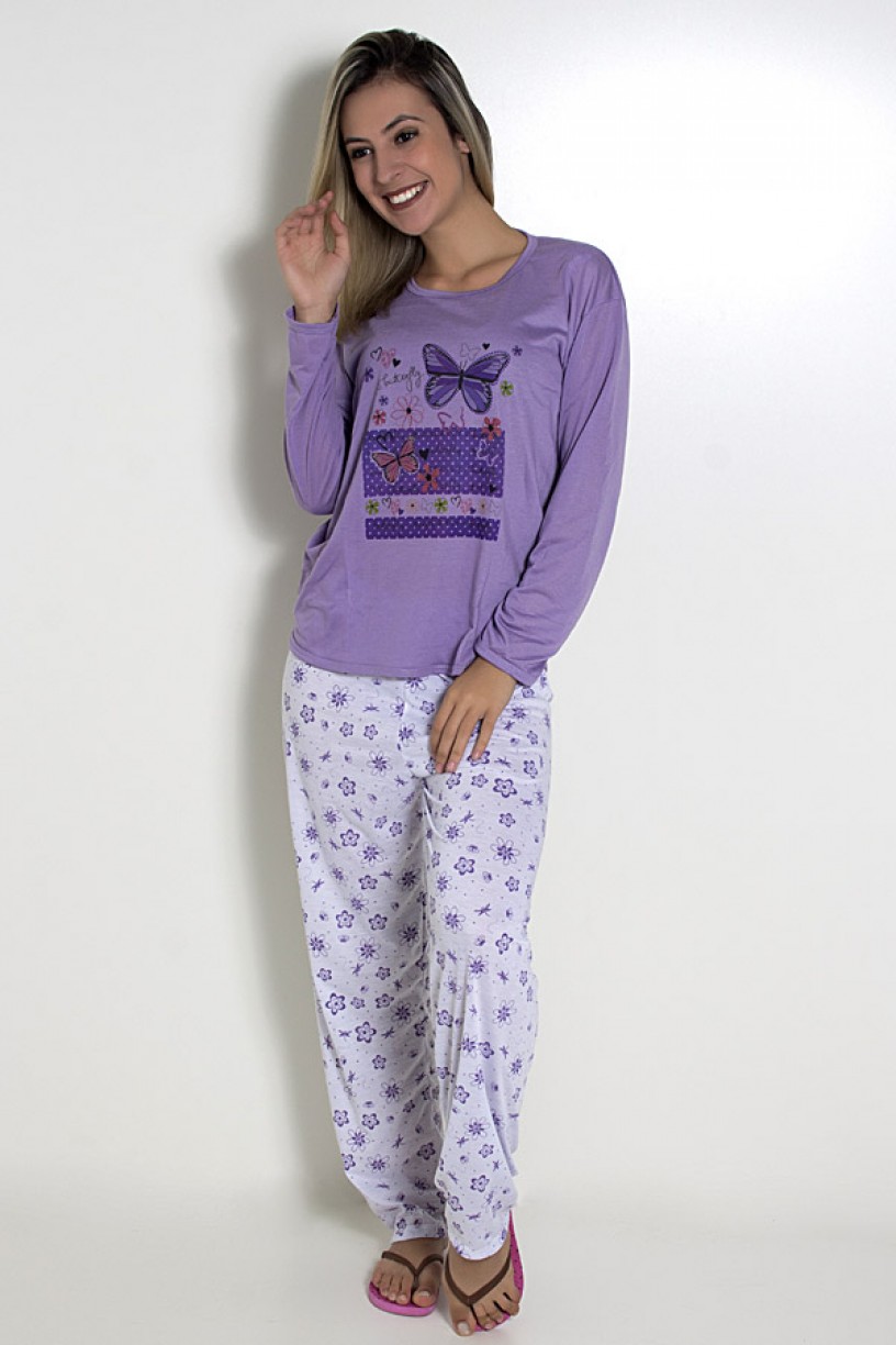 Pijama feminino longo 248 (Lilás com borboletas)