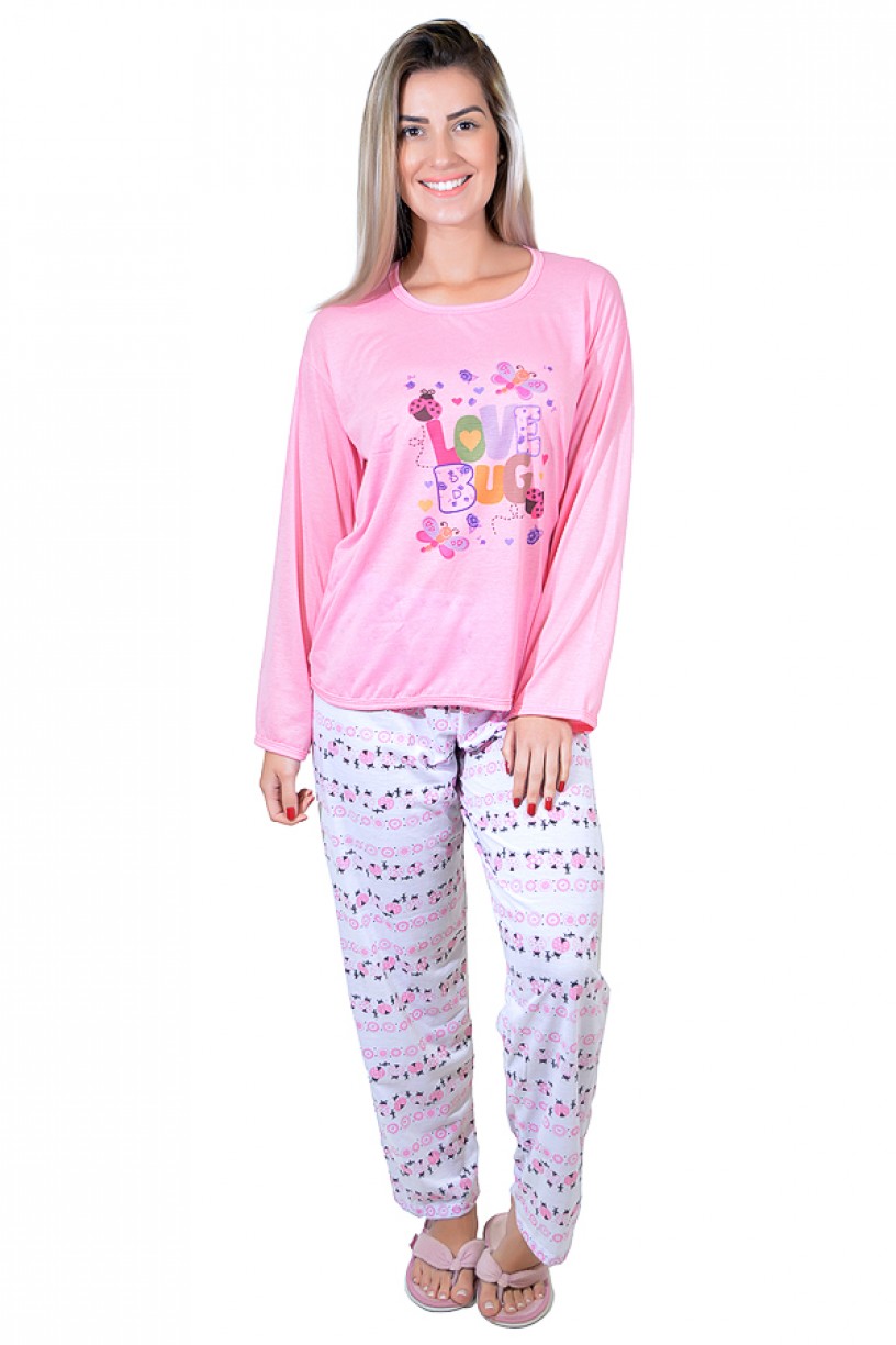 Pijama feminino longo 248 (Rosa com letras) 