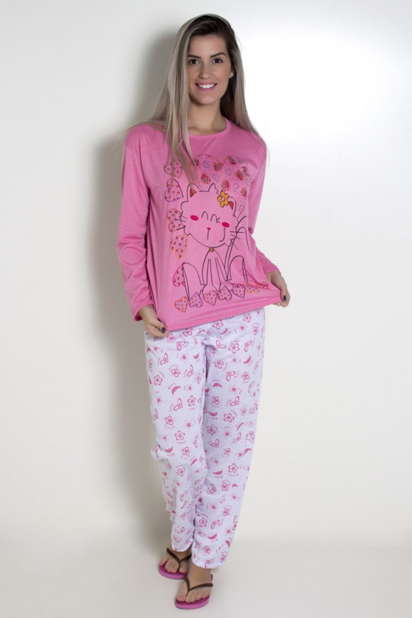 Pijama feminino longo 248 (Rosa com gatinho)